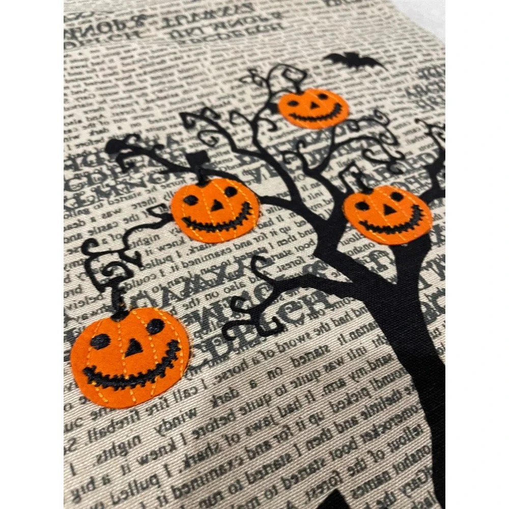 Halloween Table Runner Black Pumpkin Tree Newsprint‎ Lace Edge Decor Vintage